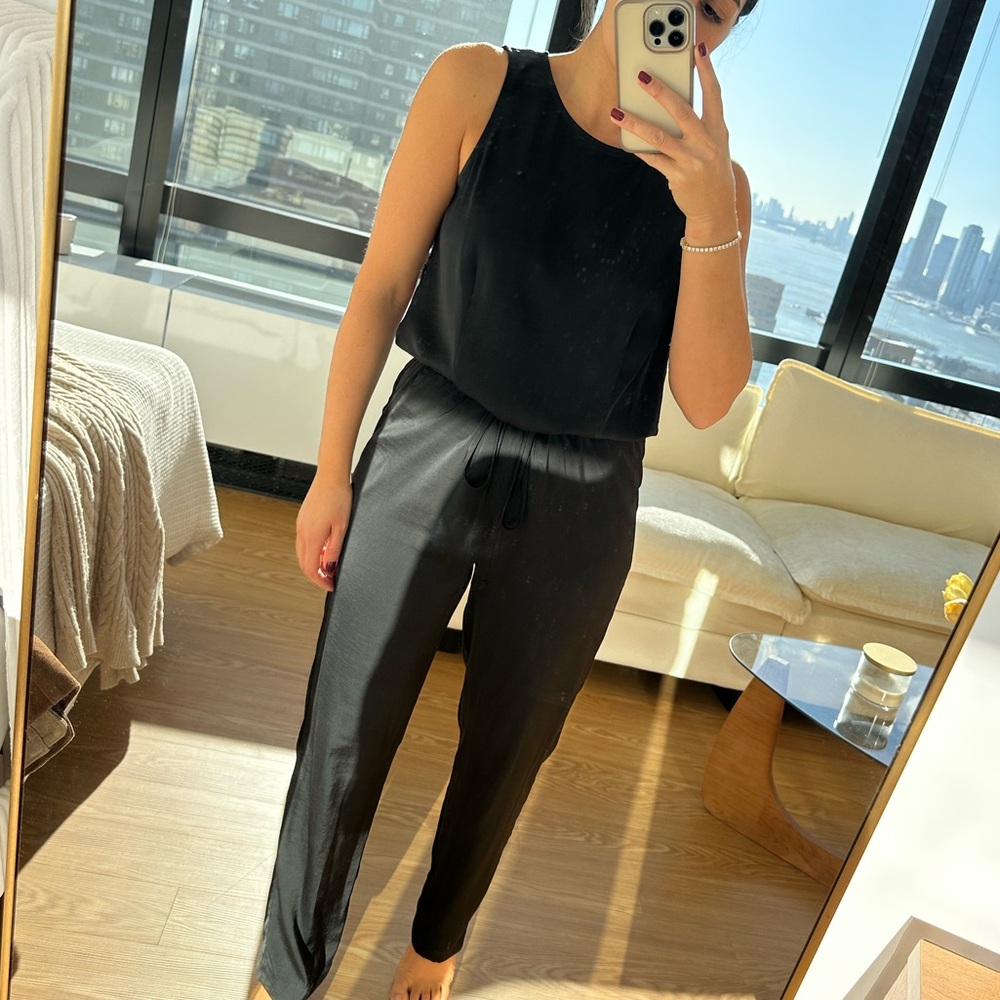 BCBGMaxAzria Black Satin Lace Back Jumpsuit